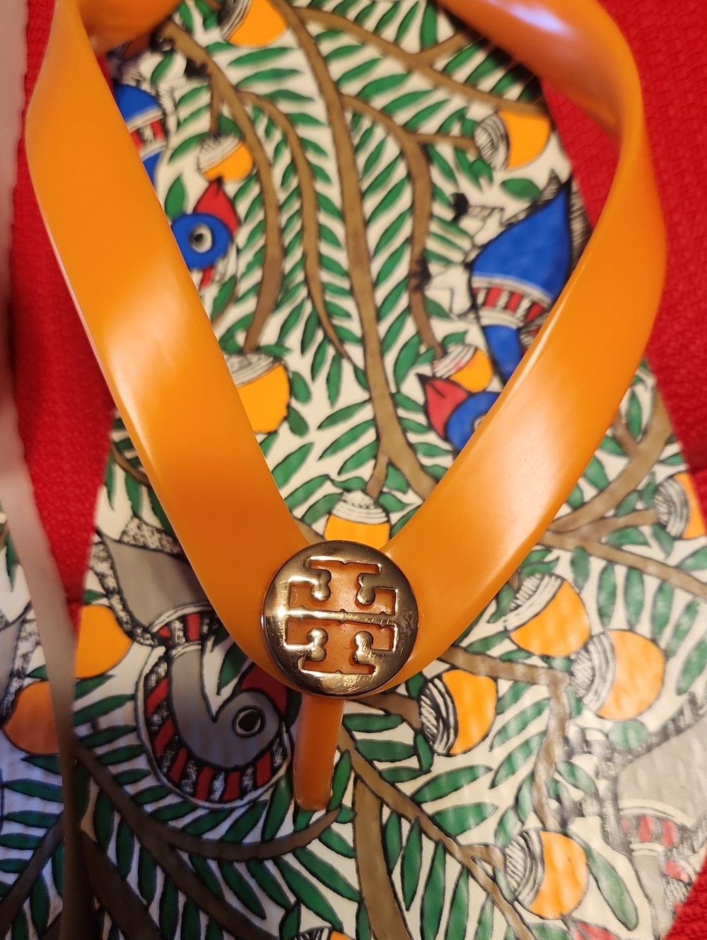 Tory Burch Orange Strap Flip Flop Sandals with Tropical Print - Picture 10 of 11
